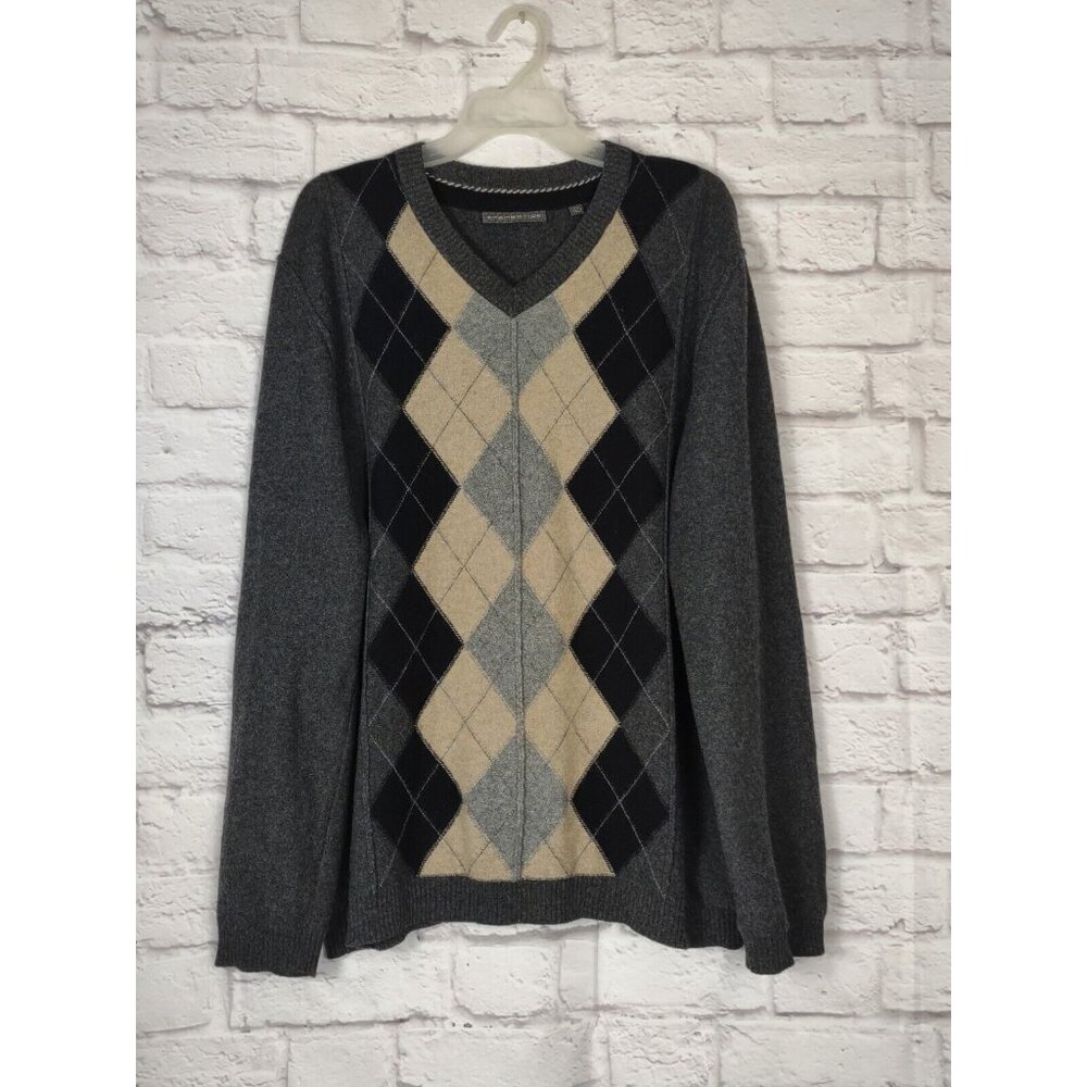 Transcript Mens XL 100% Cashmere Sweater Gray Argyle Print V Neck Soft
